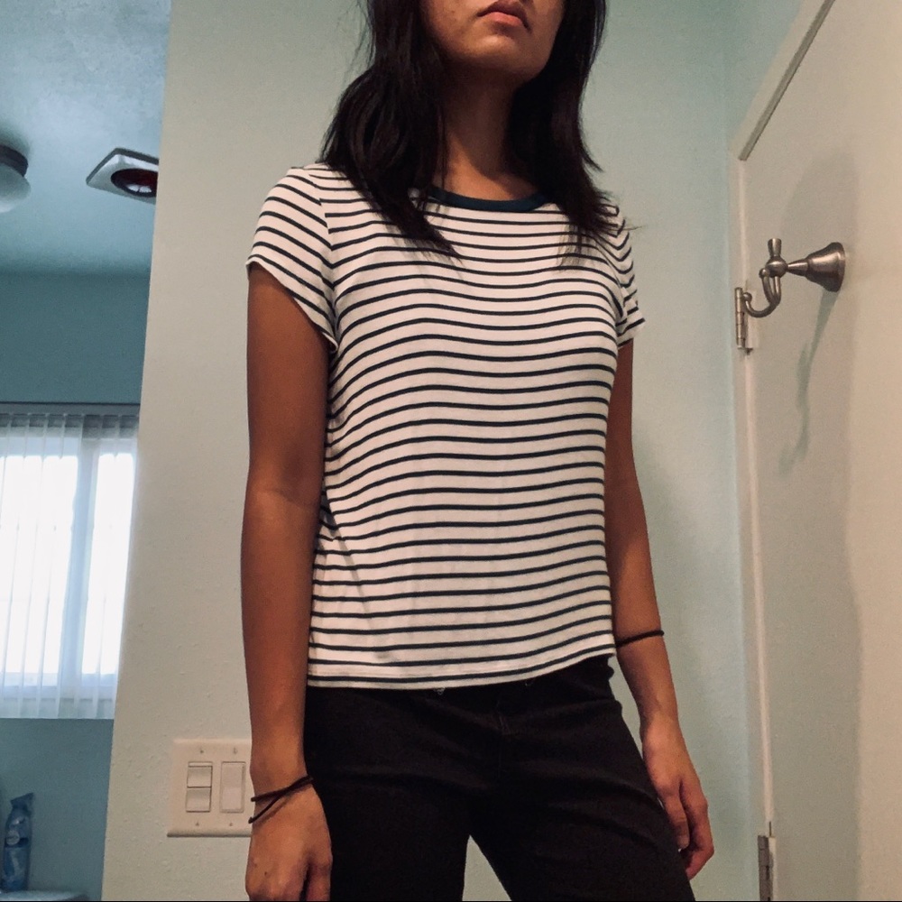 green and white striped shirt